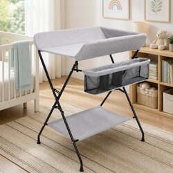 Changing Table Light Grey Foldable Diaper Tray Storage Compartments Baby Nursery