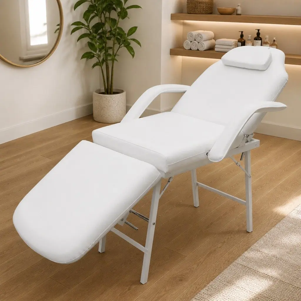 Portable Facial Treatment Chair Adjustable White Faux Leather Massage Bed