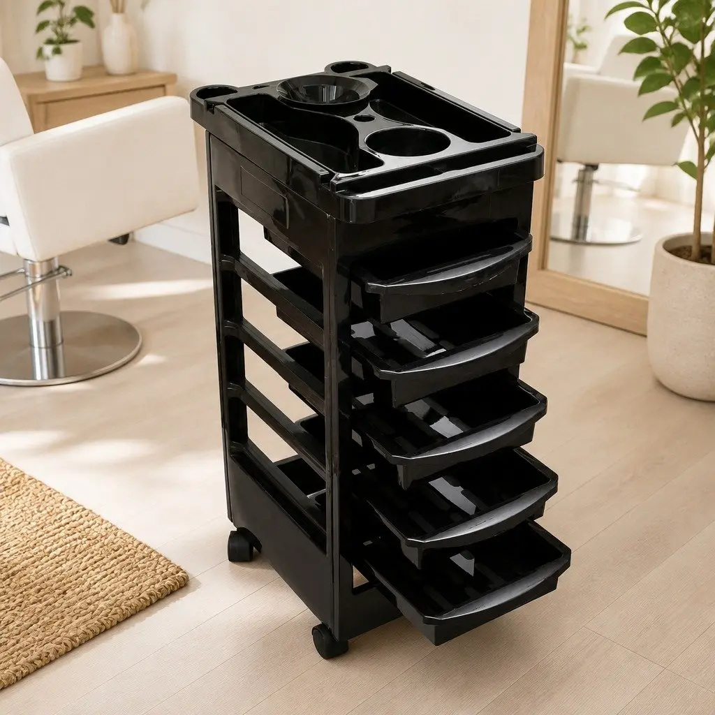 Hair Salon Trolley Organizer Beauty Storage Cart Black Five Drawers