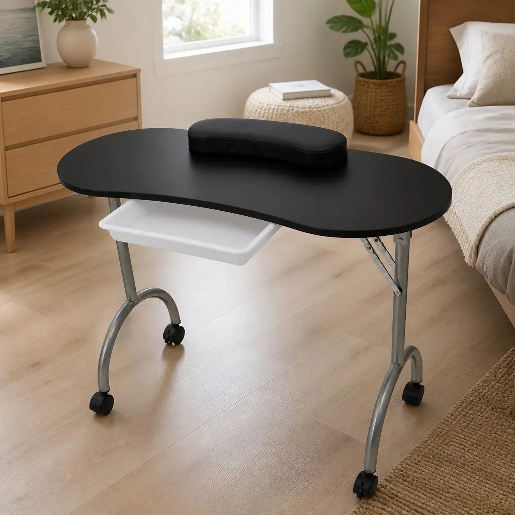 Folding Manicure Table Nail Care Large Black with Wrist Cushion Storage Drawer