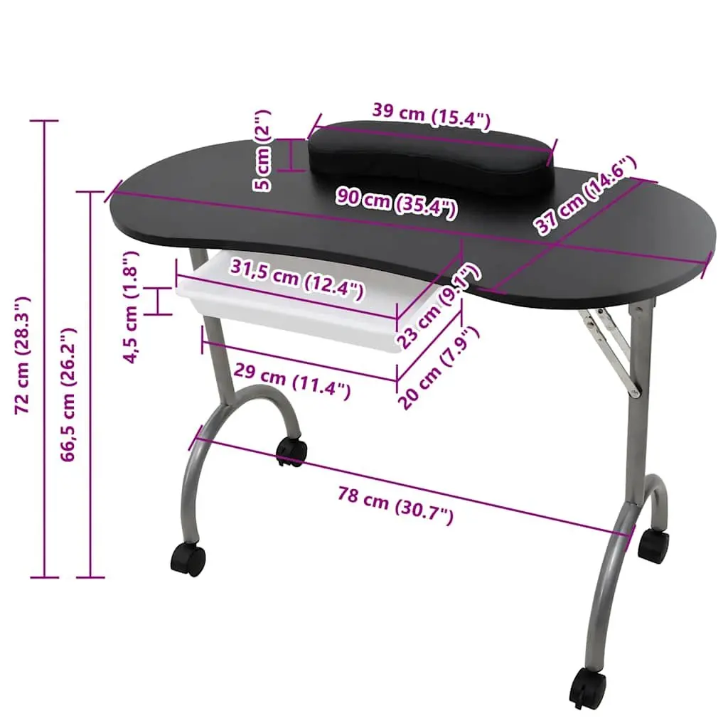 Folding Manicure Table Nail Care Large Black with Wrist Cushion Storage Drawer