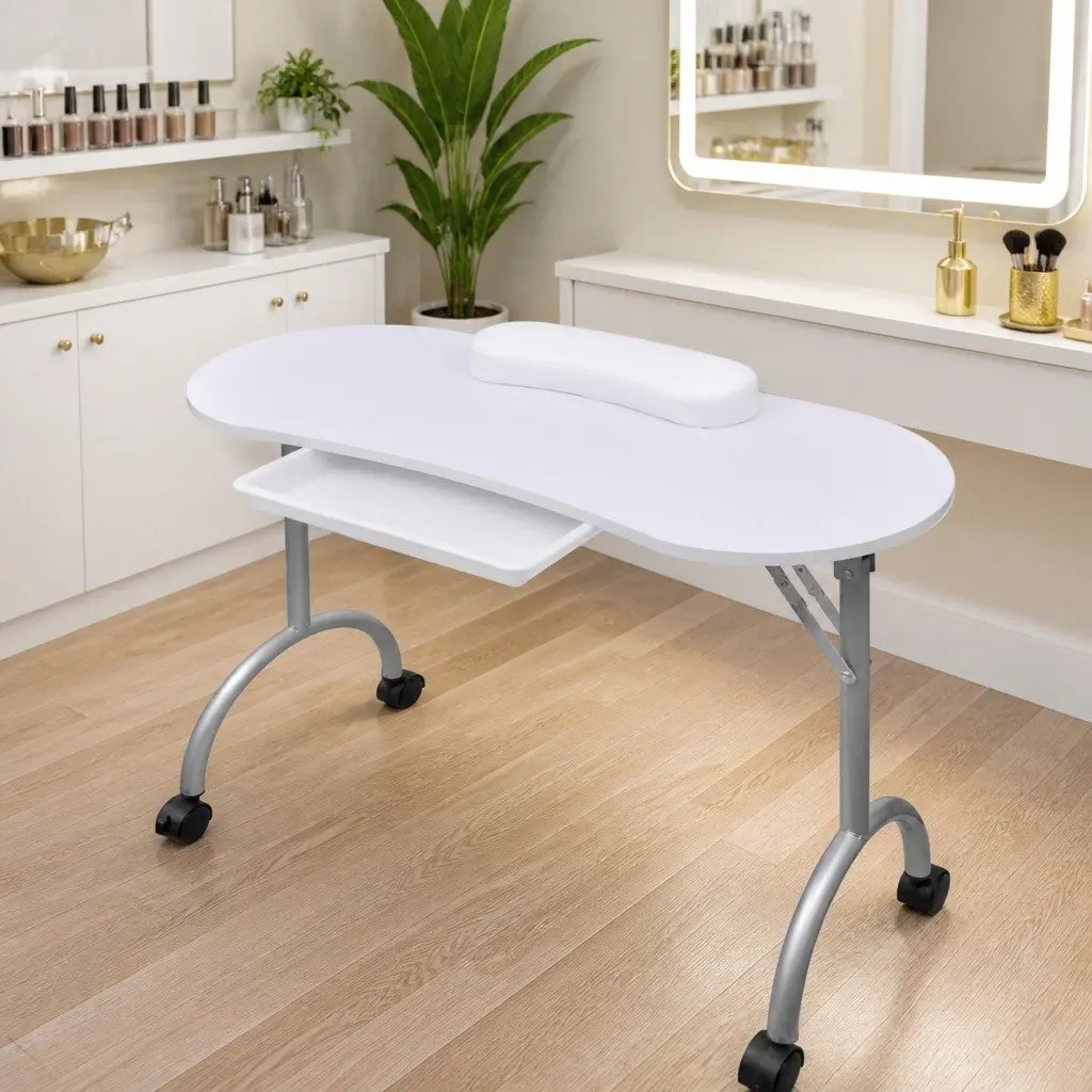 Folding Manicure Table Portable White with Wrist Cushion and Storage Drawer