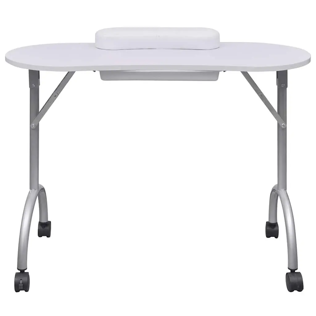 Folding Manicure Table Portable White with Wrist Cushion and Storage Drawer
