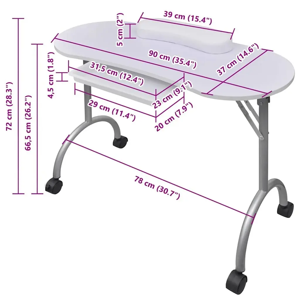 Folding Manicure Table Portable White with Wrist Cushion and Storage Drawer