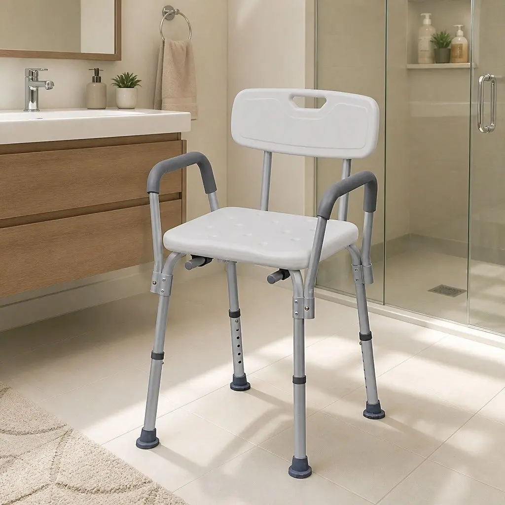 Shower Chair Mobility Support Adjustable Height White Bathing Seat