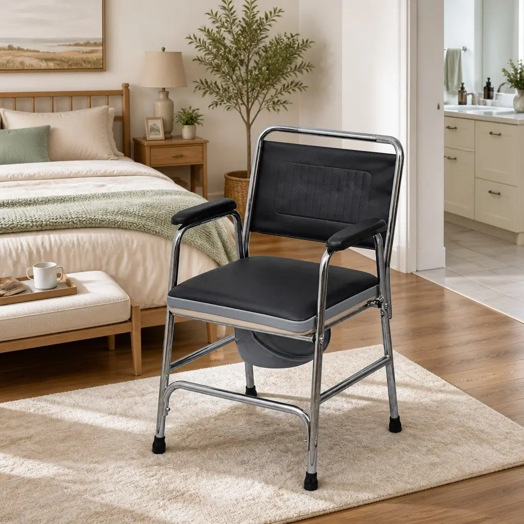 Commode Chair Steel Black Bedside Toilet Seat Armrests Mobility Furniture