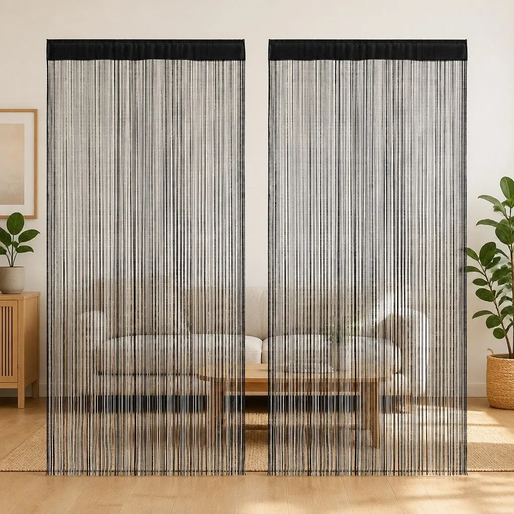 String Curtains Room Divider Door Decor Panels 140x250 cm Black 2 Piece