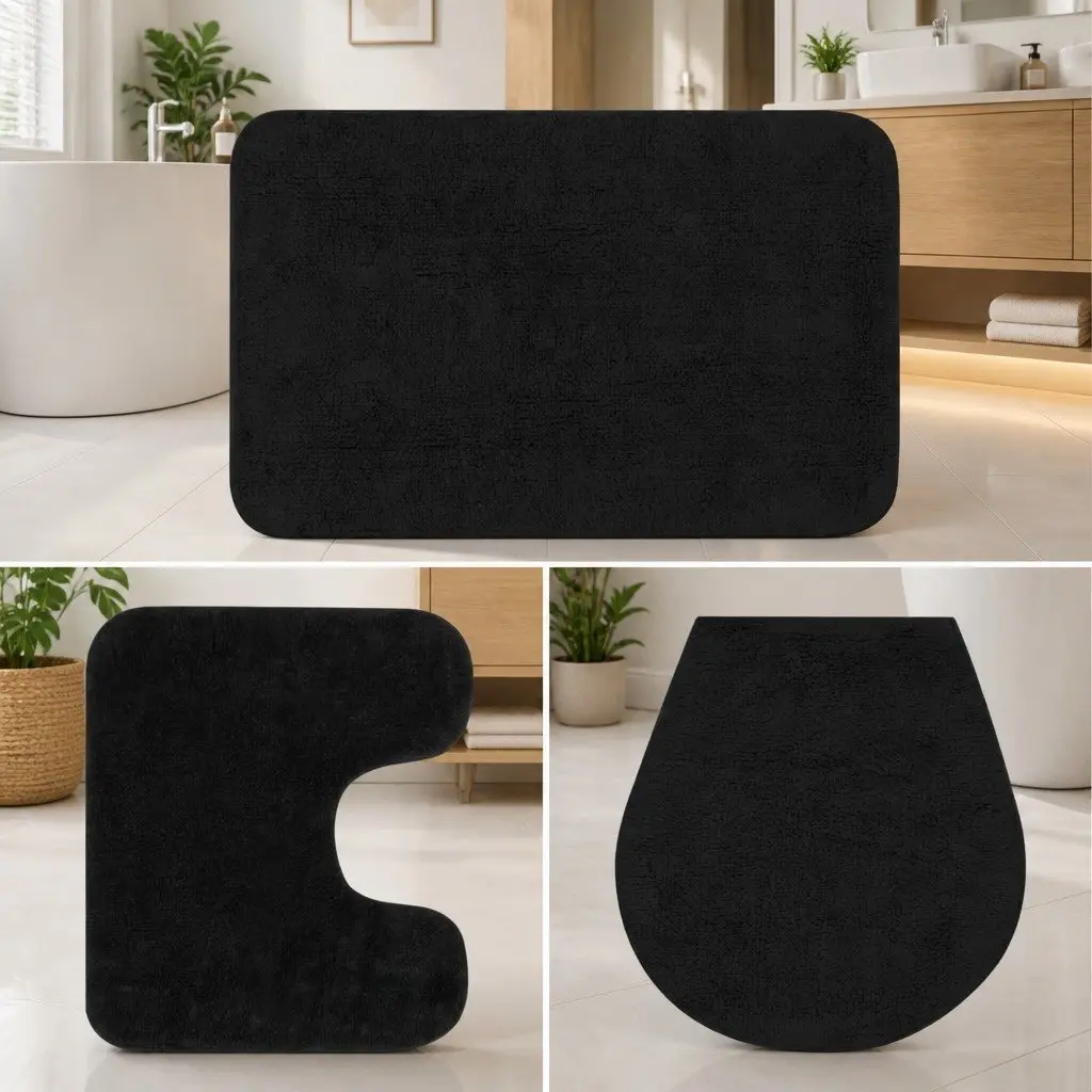 Bathroom Mat Set 3 Pieces Anthracite Cotton Bath Rug Non-Slip