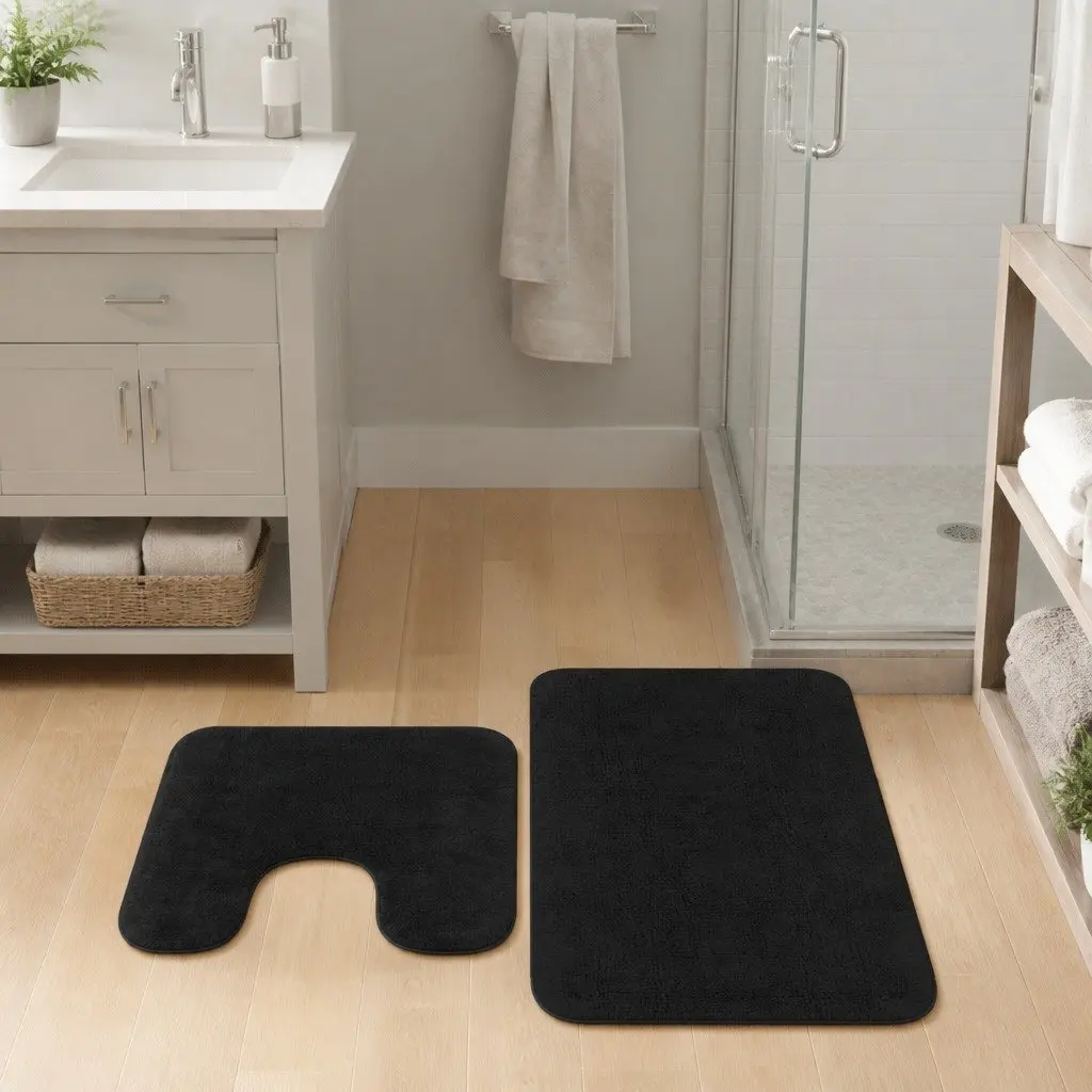 Bathroom Mat Set Non-Slip 2 Pieces Anthracite Bath Floor Pedestal Mats