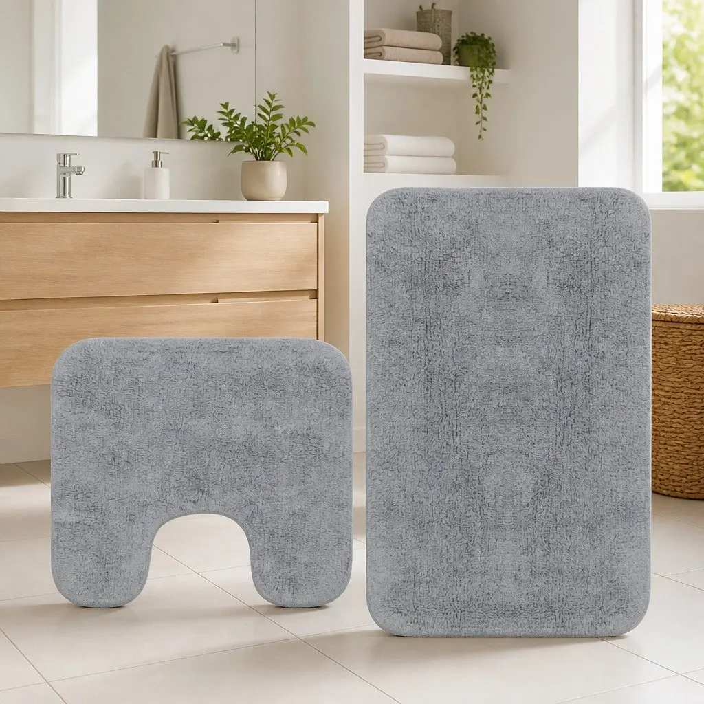 Bathroom Mat Set Non-Slip Water Absorbent 2 Pieces Grey