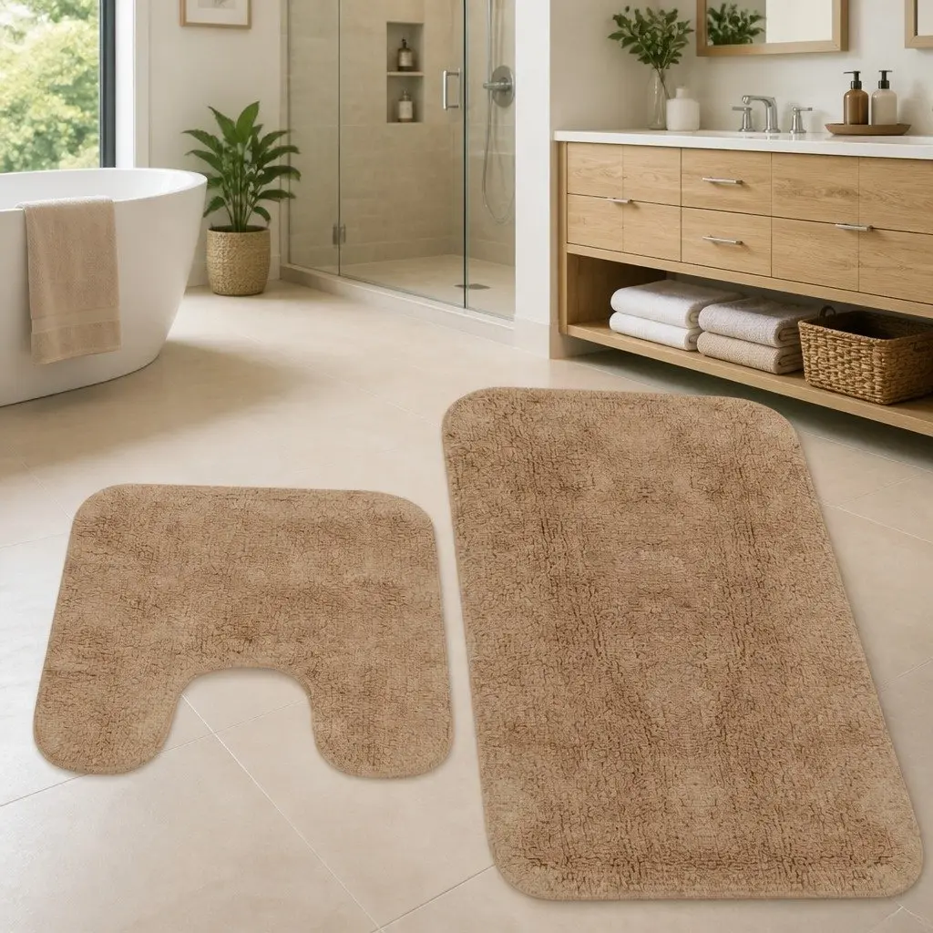 Bathroom Mat Set Non-Slip Bath Floor Pedestal Rugs 2 Pieces Beige