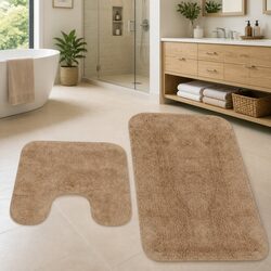Bathroom Mat Set 2 Pieces Non-Slip Bath Floor Pedestal Rugs Beige