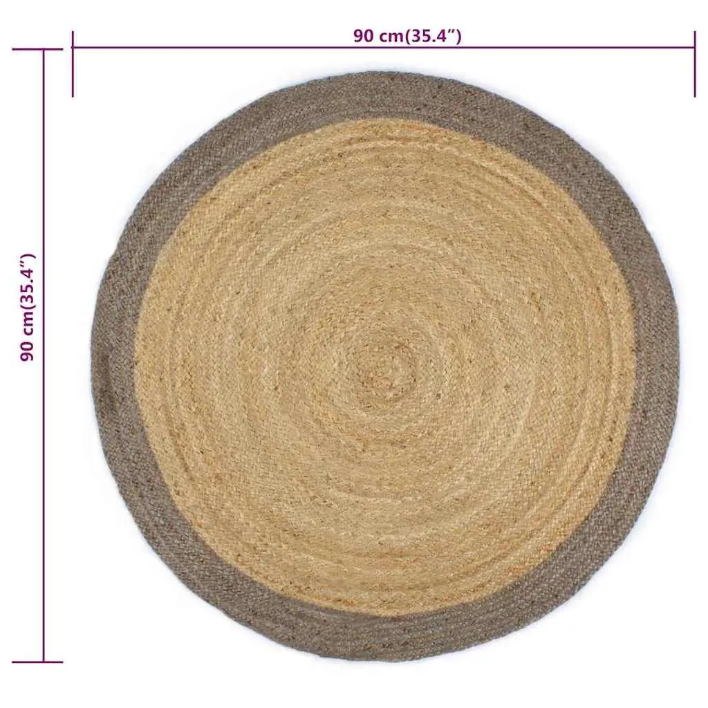 Jute Area Rug Natural Grey Border 90cm Round