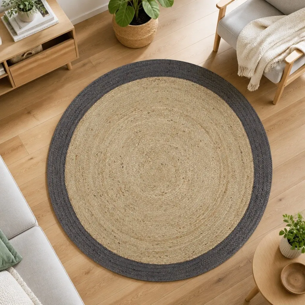 Handmade Jute Area Rug Natural Centre Grey Border Round Braided Carpet Home