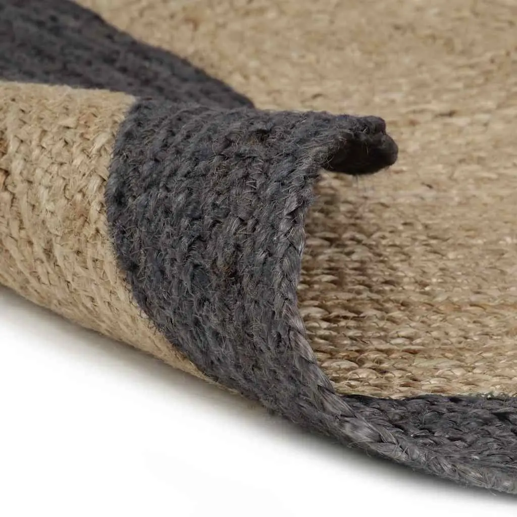 Jute Area Rug Natural Centre Grey Border 90cm Round Braided Carpet