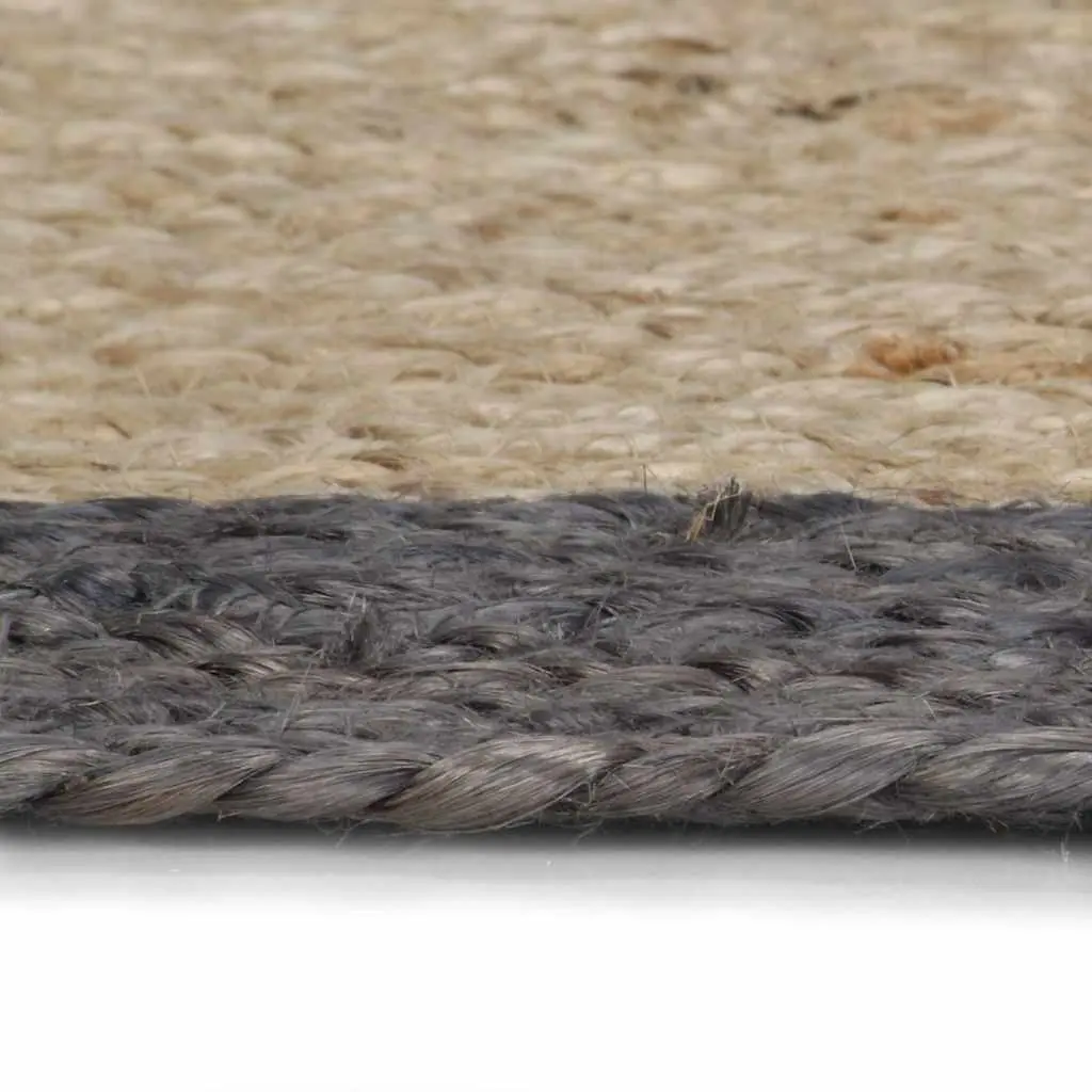 Jute Area Rug Natural Centre Grey Border 90cm Round Braided Carpet