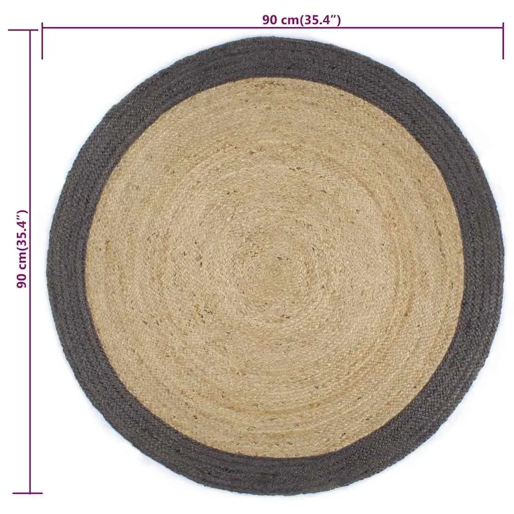 Jute Area Rug Natural Centre Grey Border 90cm Round Braided Carpet