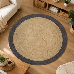 Handmade Jute Area Rug Grey Border Natural Braided Carpet Home Decor 120cm