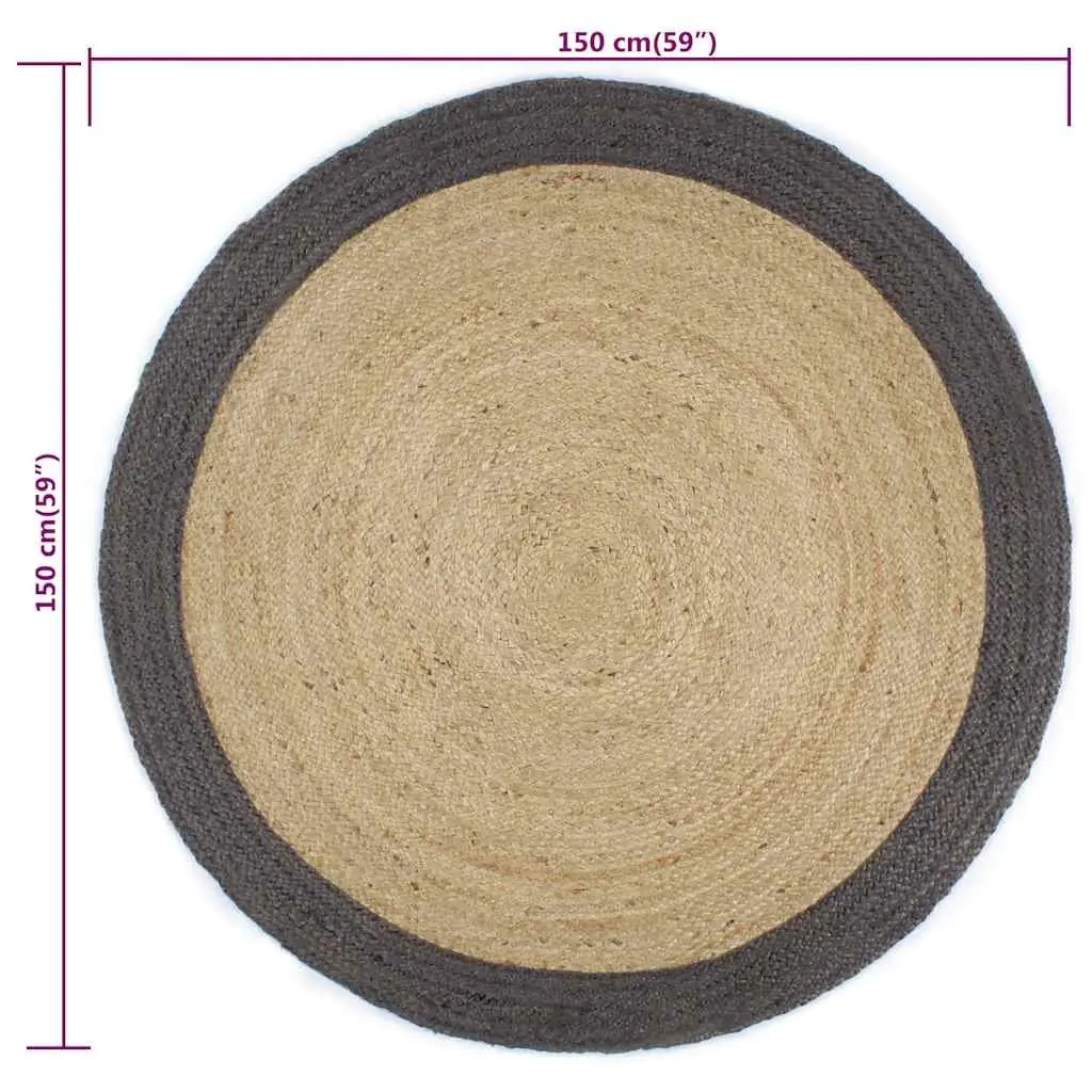 Handmade Jute Area Rug Grey Dark Border Round 150 cm Braided Carpet Home Decor