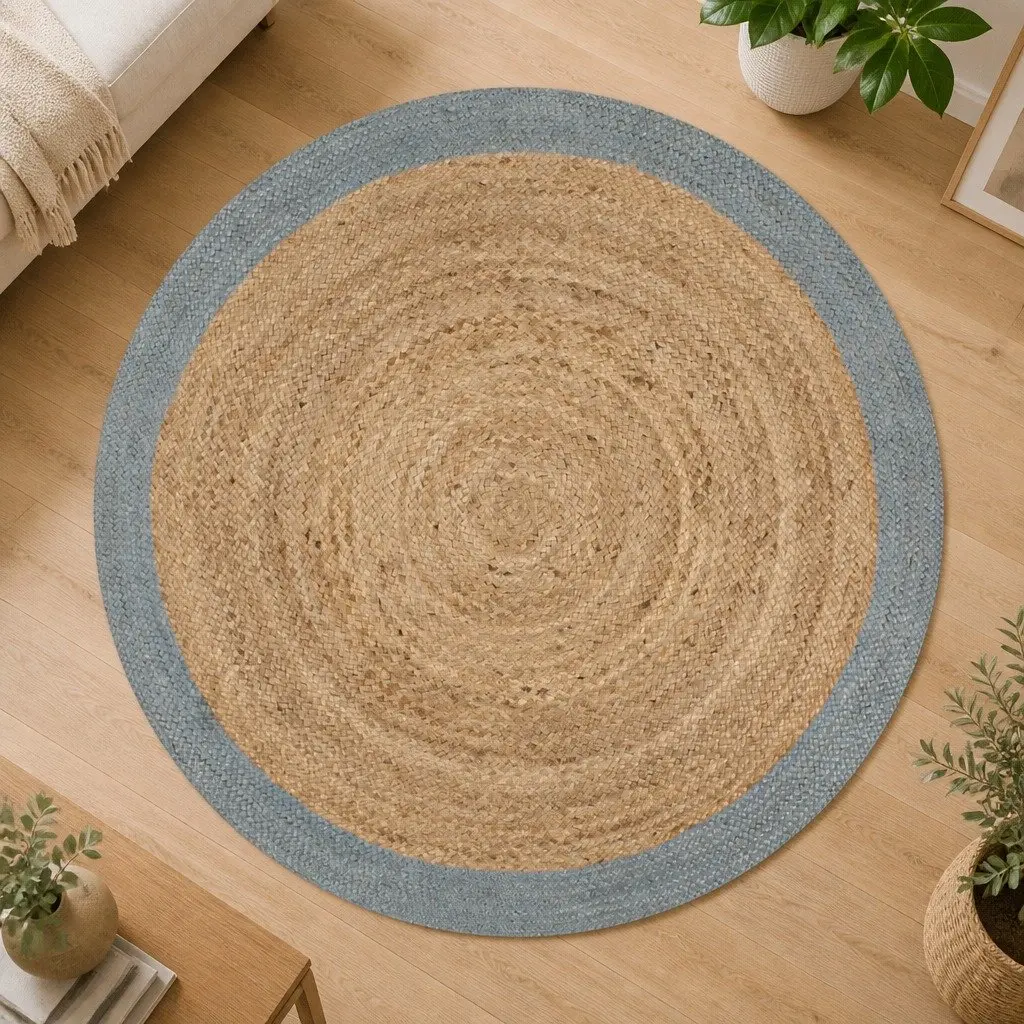 Handmade Jute Area Rug Natural Centre Olive Green Border Round Carpet Home Decor