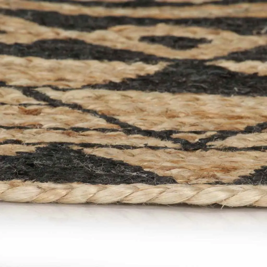 Handmade Jute Area Rug Floral Print 120cm Round Black Carpet Home Decor