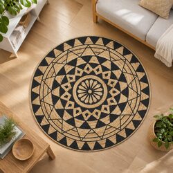 Warm and Reliable Handwoven Jute Rug with Black Floral Print