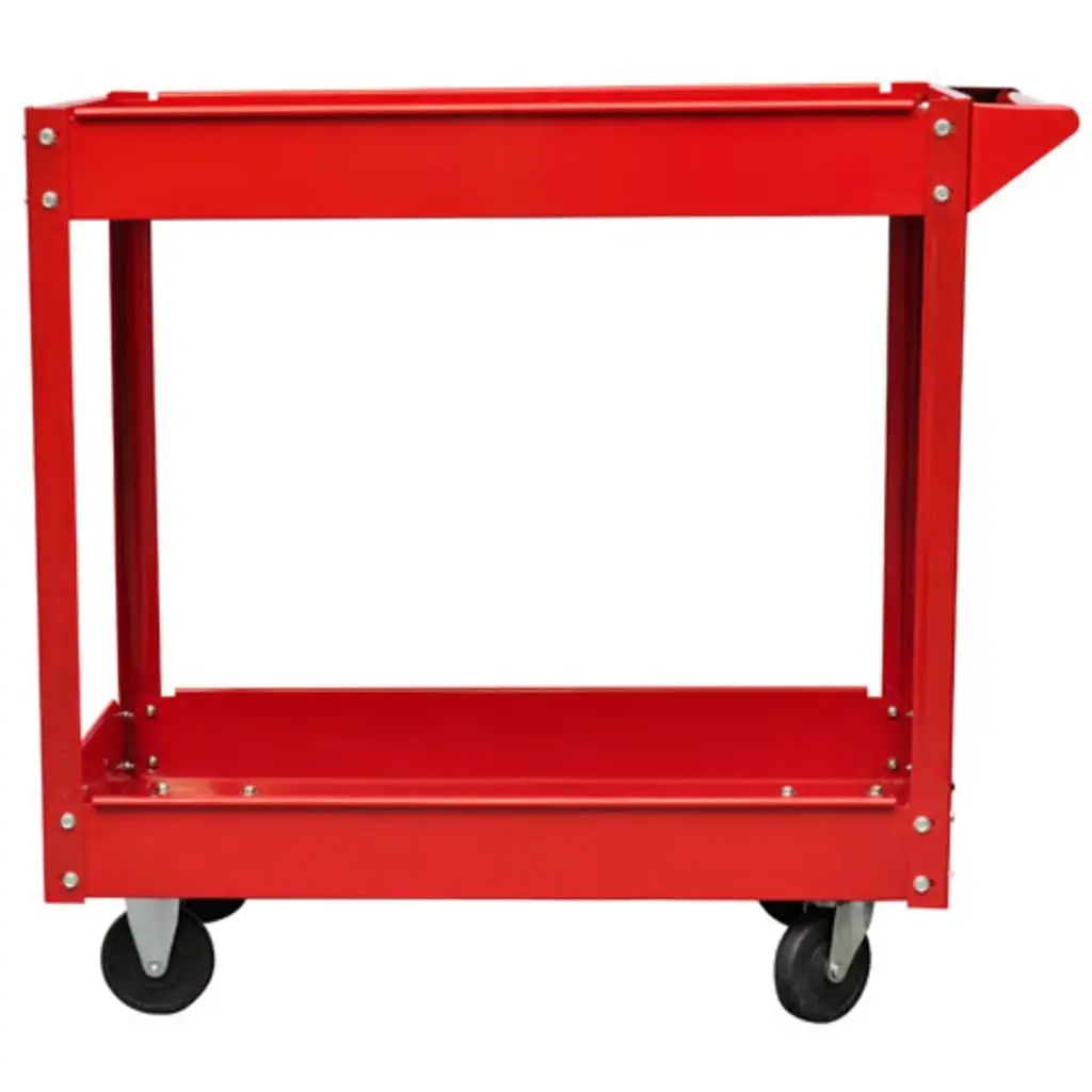 Tool Trolley Red 2 Shelves Swivel Wheels 100kg Capacity Workshop Storage