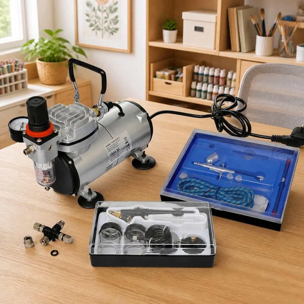 Airbrush Compressor Set Dual Spray Guns Mini Kit Tools Oil-Free Piston