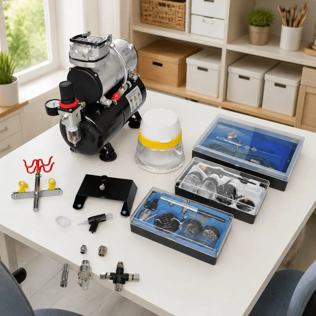Airbrush Compressor Set Professional Tattoo Art 3 Piece Mini Piston Compressor 3 Litre Air Tank 3 Spray Guns