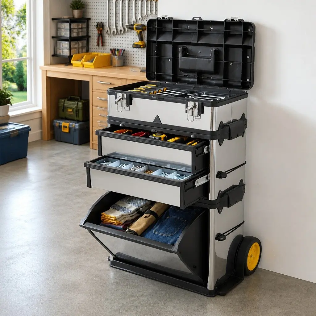 3-Part Tool Box Mobile Storage Organiser 2-Drawer Compartment Silver