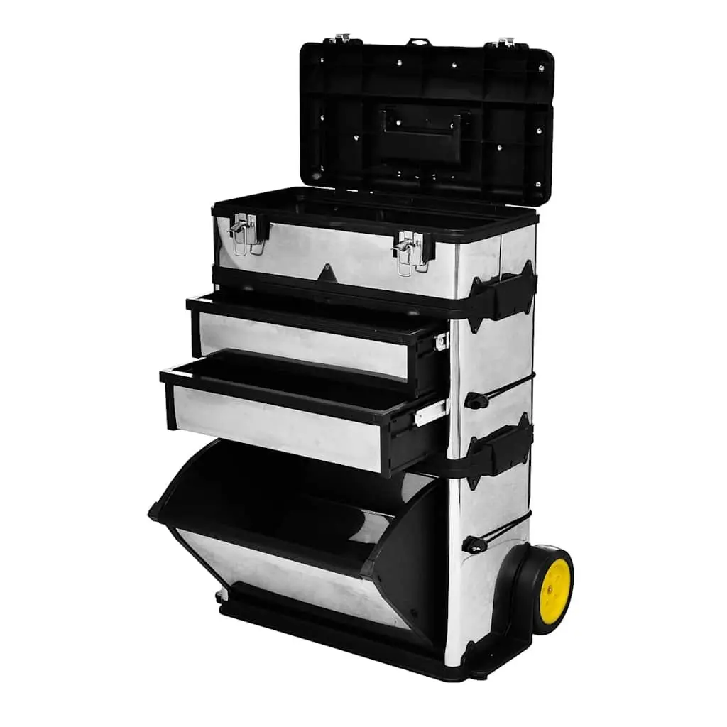 3-Part Tool Box Mobile Storage Organiser 2-Drawer Compartment Silver