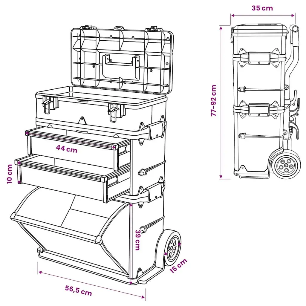 3-Part Tool Box Mobile Storage Organiser 2-Drawer Compartment Silver