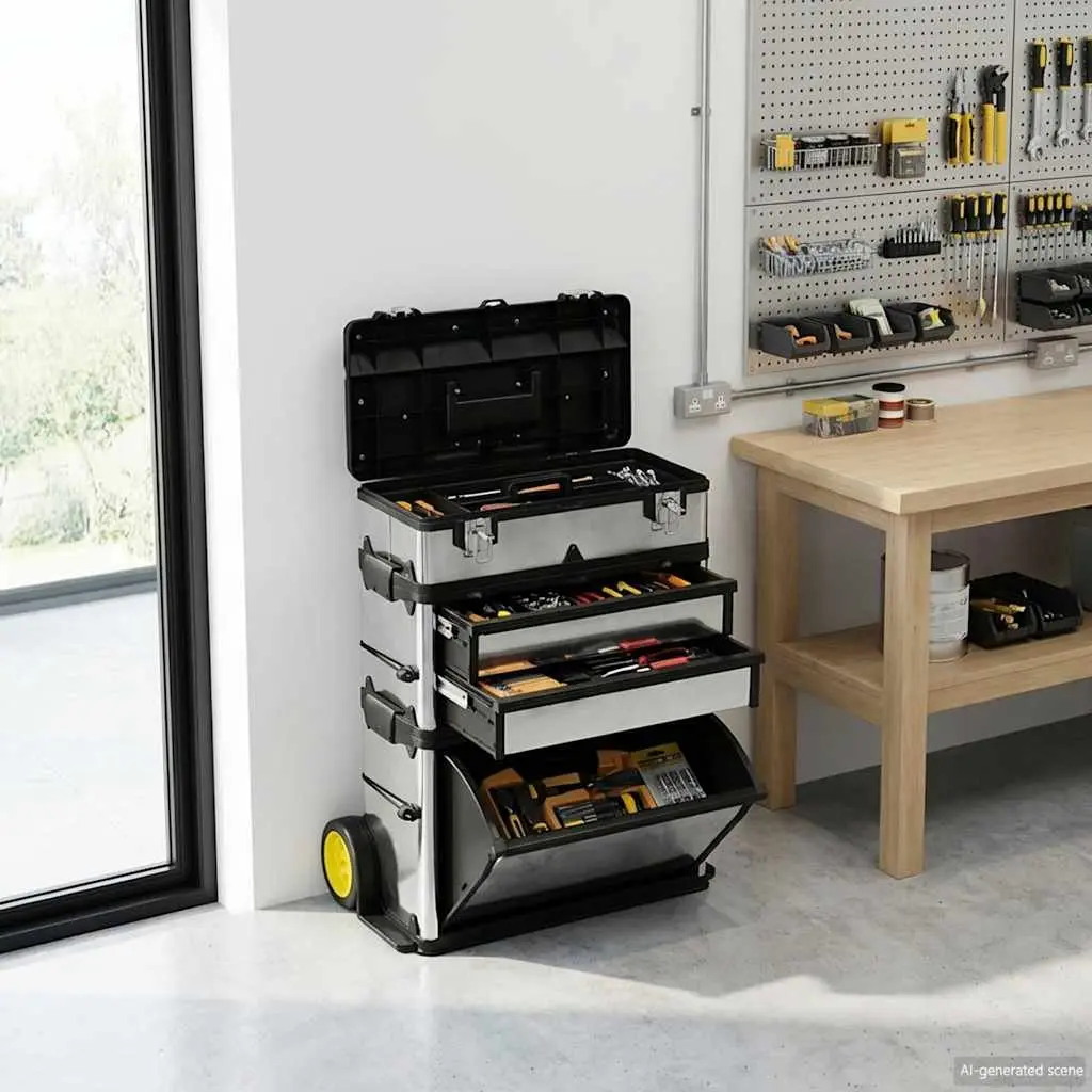 3-Part Tool Box Mobile Storage Organiser 2-Drawer Compartment Silver
