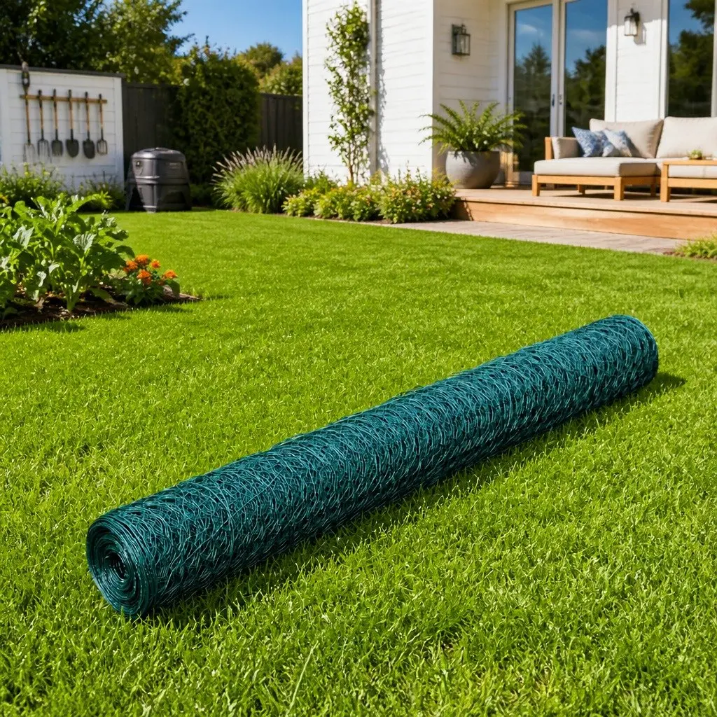 Chicken Wire Fence Panel PVC Coated Green 25x1m Poultry Enclosure Netting