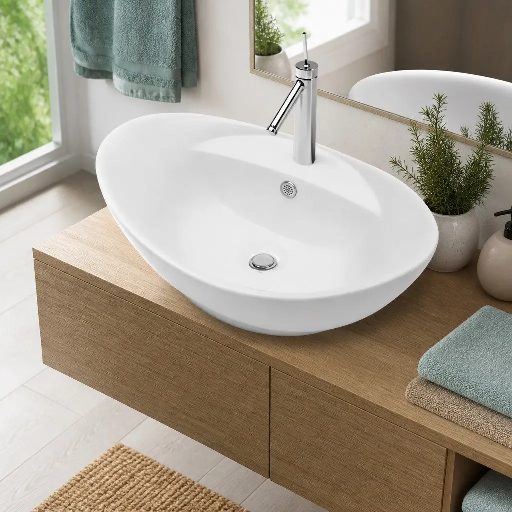 Oval Ceramic Basin Bathroom Sink White Overflow Faucet Hole Modern Washroom