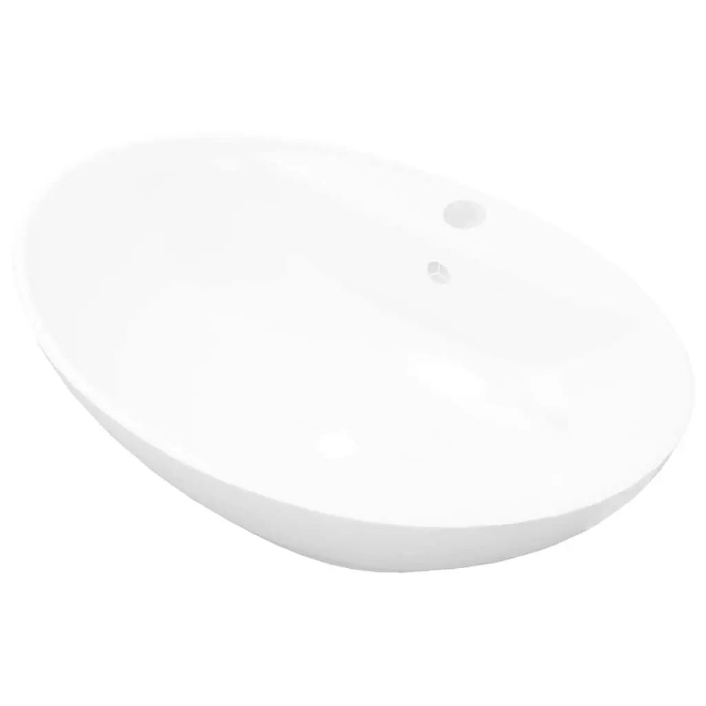 Oval Ceramic Basin Bathroom Sink White Overflow Faucet Hole Modern Washroom