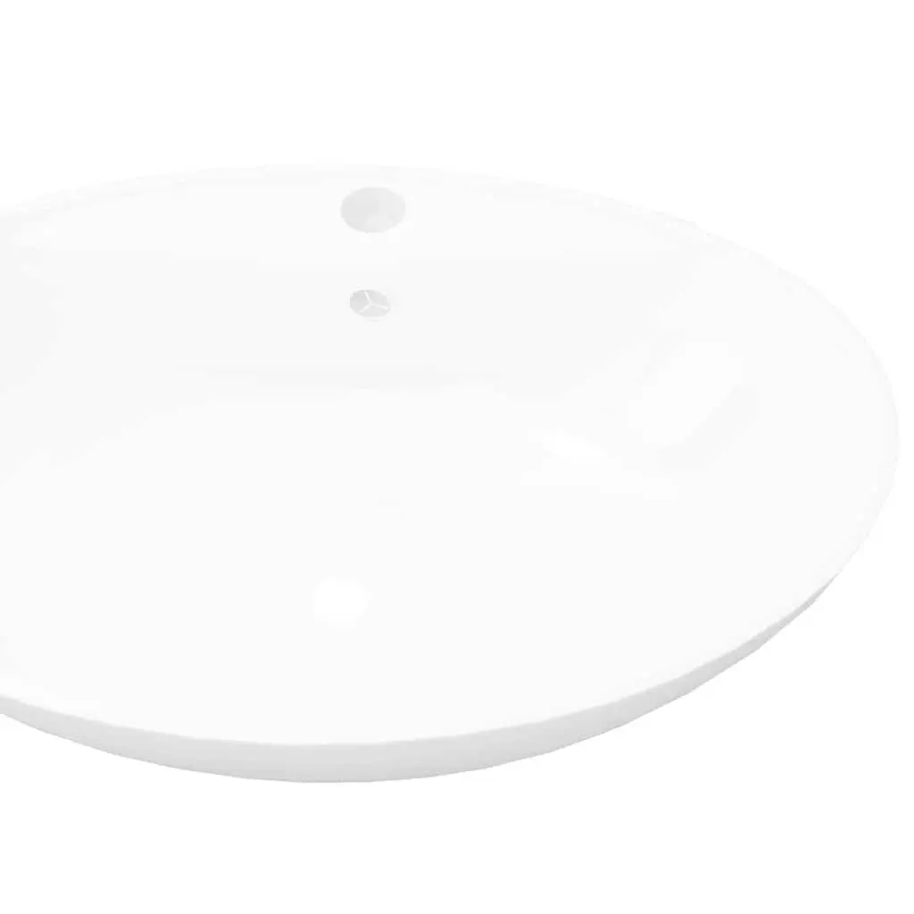 Oval Ceramic Basin Bathroom Sink White Overflow Faucet Hole Modern Washroom