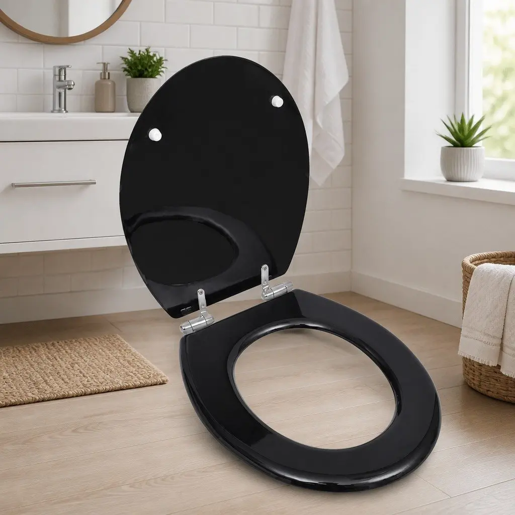 Toilet Seat Soft Close Lid MDF Black Adjustable Chrome-Zinc Hinges