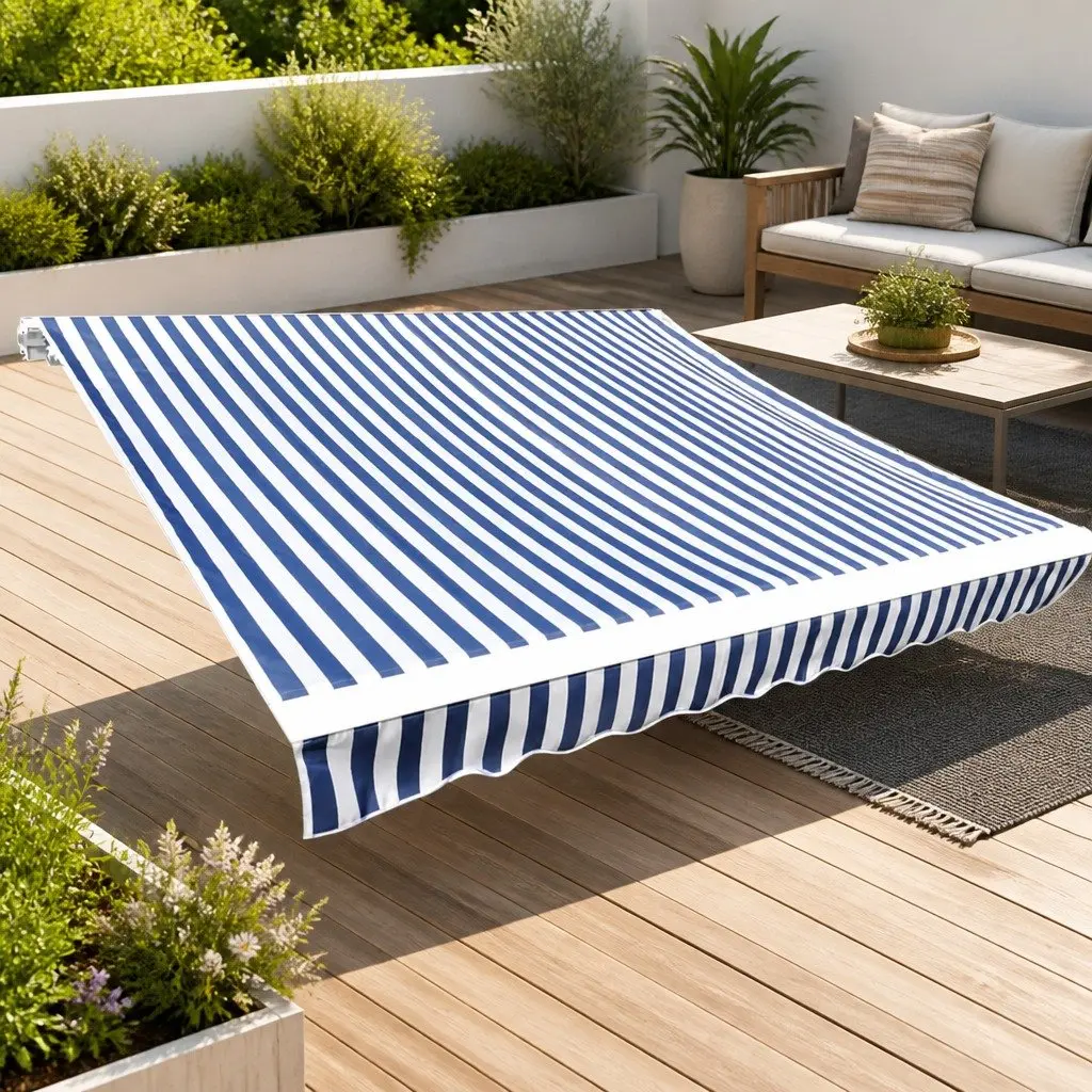 Replacement Awning Fabric Polyester 4x3m UV Resistant Blue White for Patios