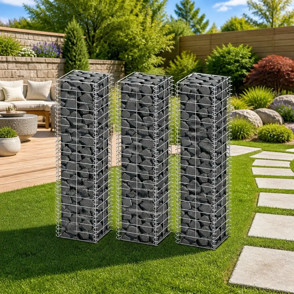 Gabion Basket Set 3 Piece Retaining Wall Garden Landscape 25 x 25 x 100 cm Silver Galvanised Steel Wire