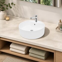 Ceramic Bathroom Sink Basin Round White Overflow Hole Faucet Mount