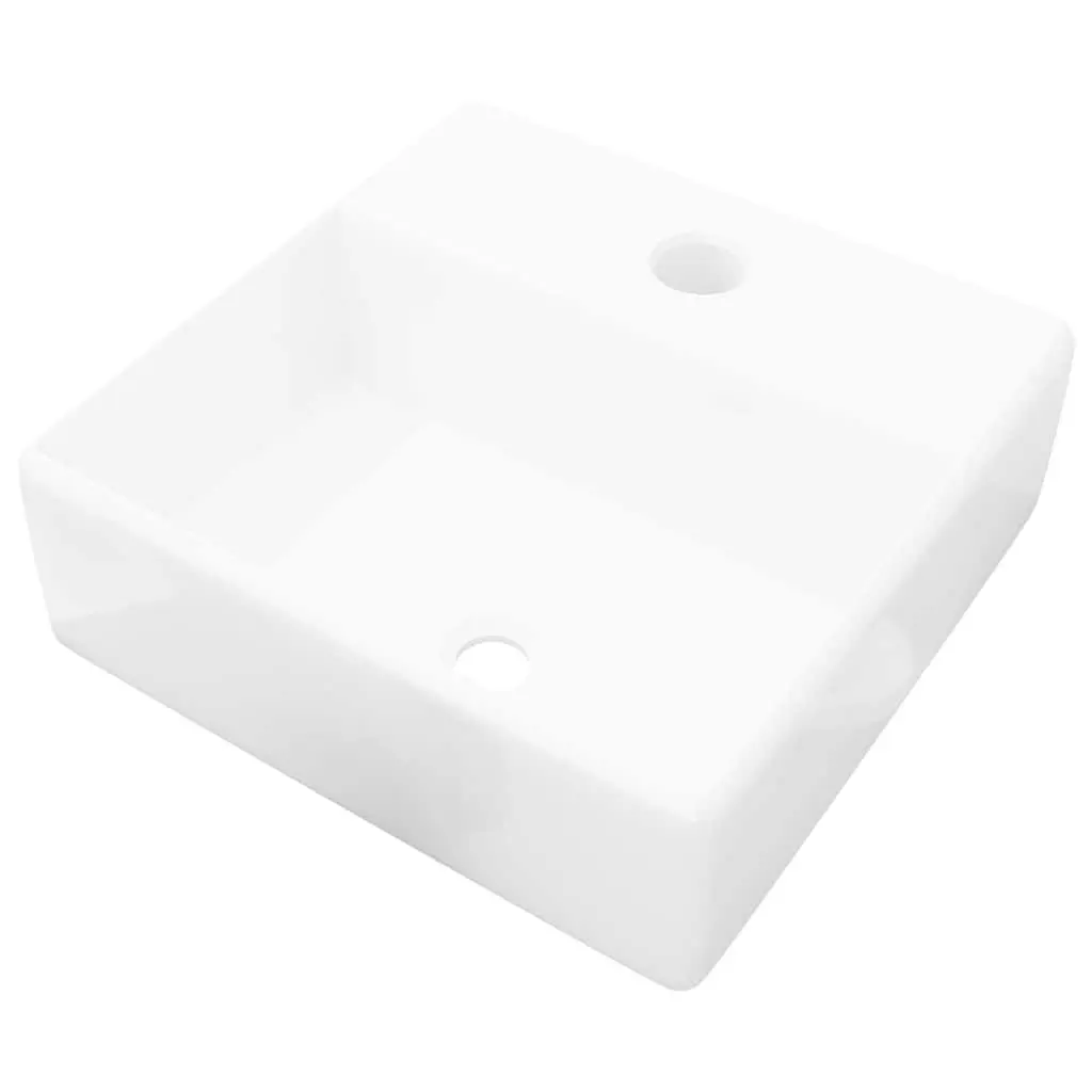 Ceramic Bathroom Basin White Square Wash Sink with Faucet Hole Modern Design