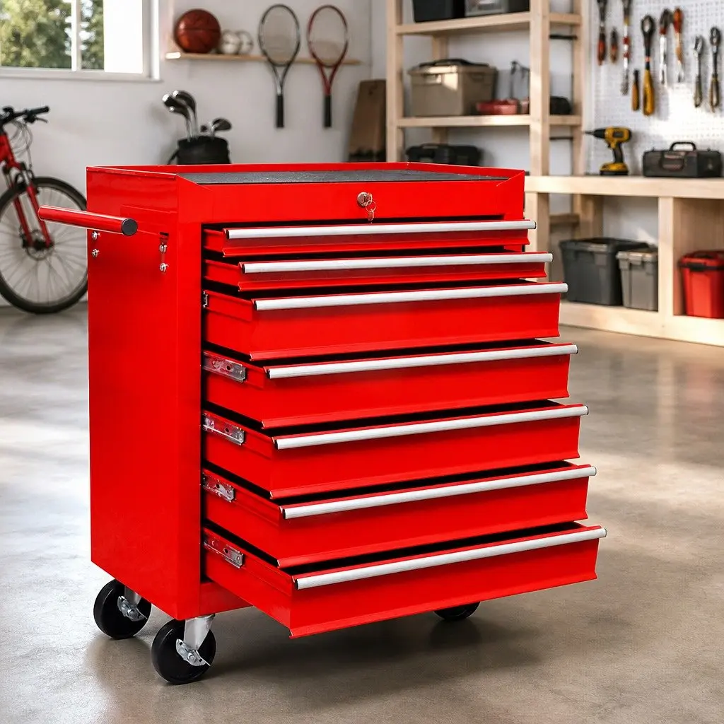 Tool Trolley Workshop Storage Organizer 7 Sliding Drawers Red