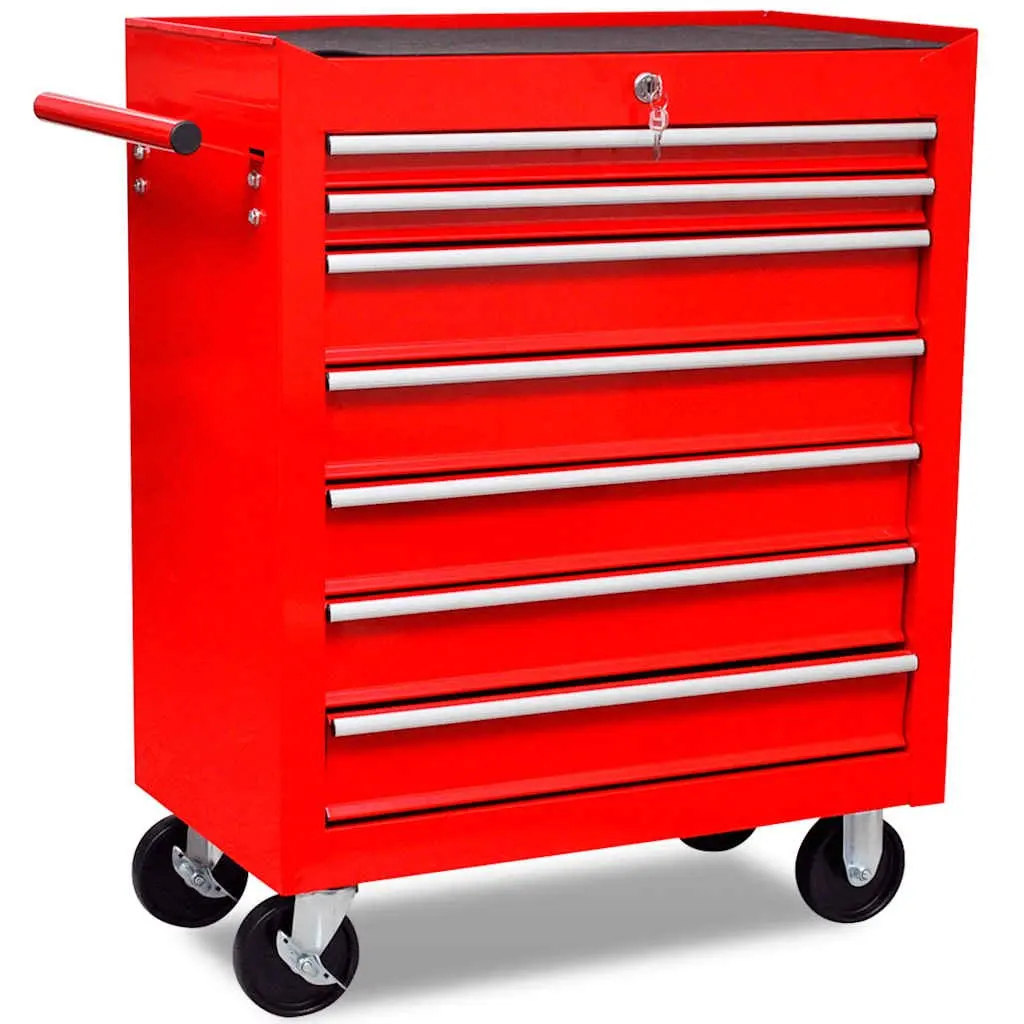 Tool Trolley Workshop Storage Organizer 7 Sliding Drawers Red