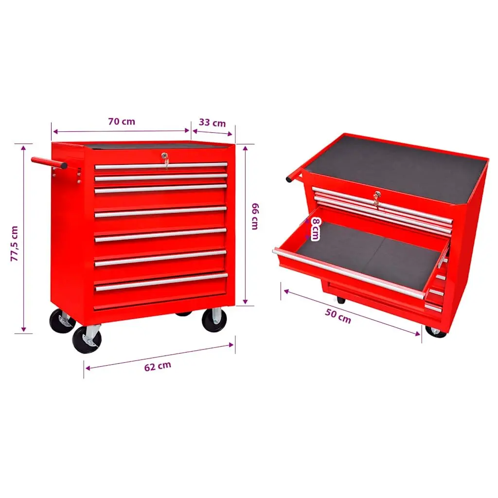 Tool Trolley Workshop Storage Organizer 7 Sliding Drawers Red