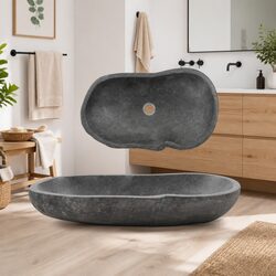 Oval Wash Basin Natural River Stone Bathroom Sink 60-70cm Grey Rustic
