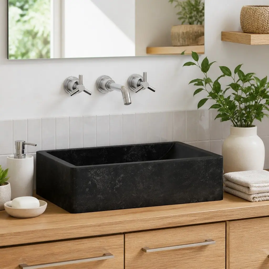 Black Gloss River Stone Sink 45x30x12 cm
