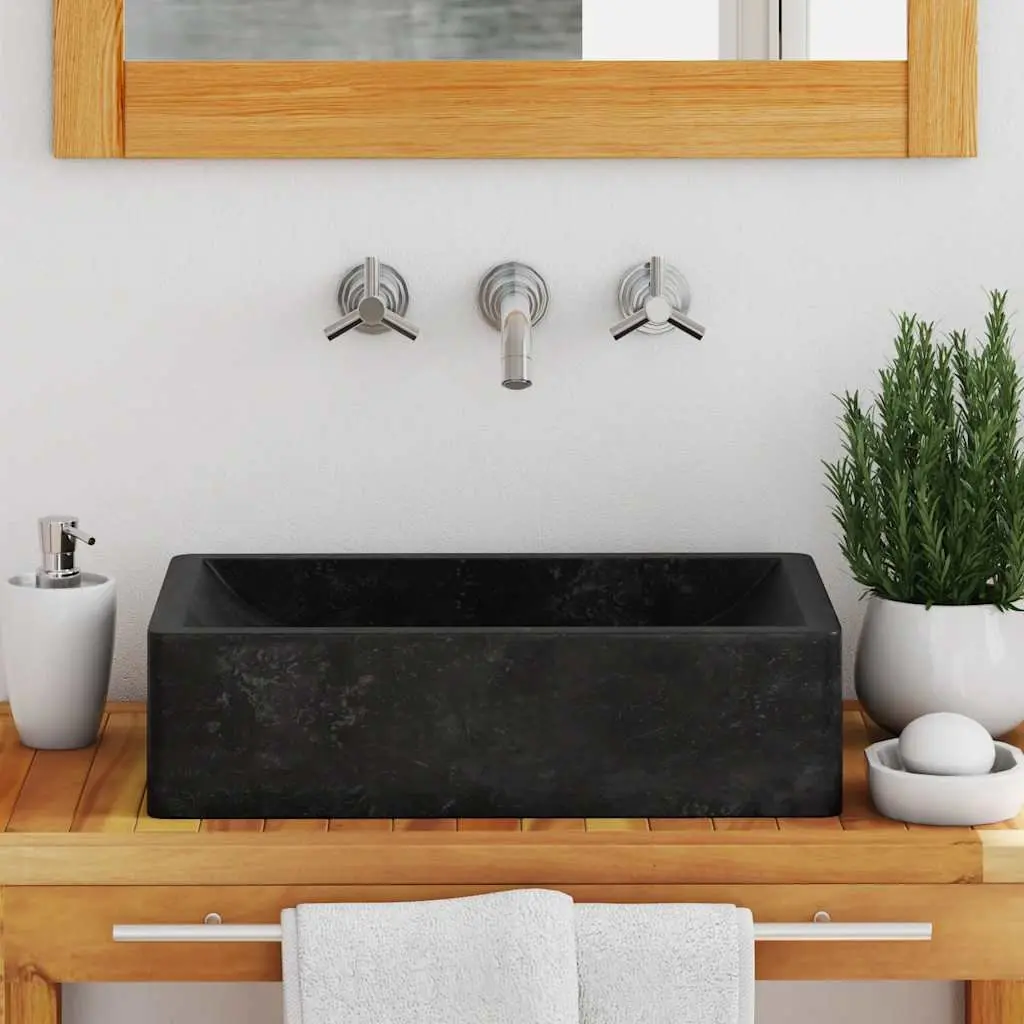 Handmade Rectangular Bathroom Sink Natural River Stone Black High Gloss 45x30x12cm