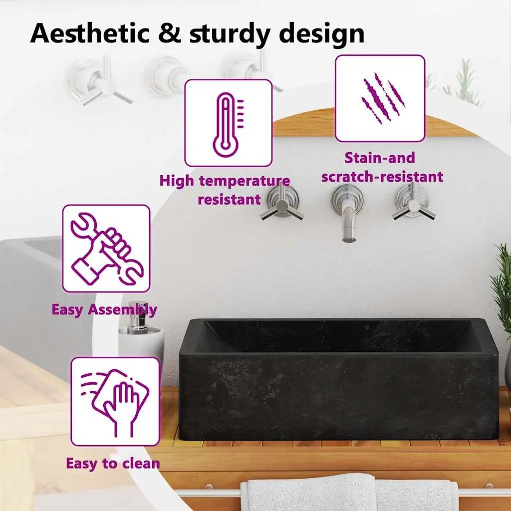 Handmade Rectangular Bathroom Sink Natural River Stone Black High Gloss 45x30x12cm