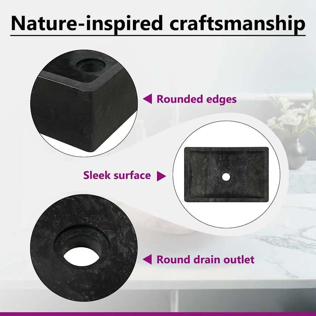 Handmade Rectangular Bathroom Sink Natural River Stone Black High Gloss 45x30x12cm